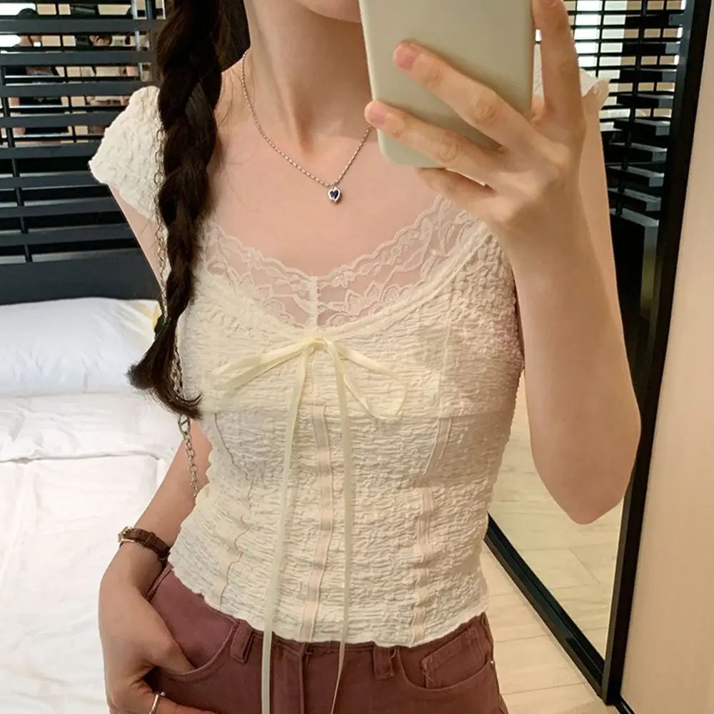 

Simple Style Short Sleeve Breathable V-Neck Solid Color Lace Camisole Small Niche All-match Short Top