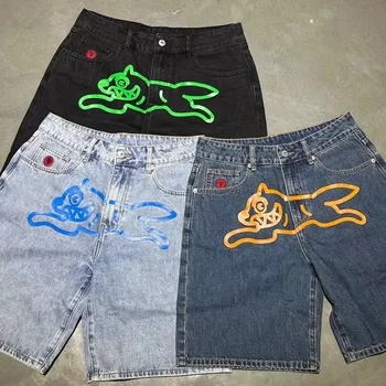 Y2k Summer Harajuku Hip-Hop Gothic Colored Flying Dog Printed Denim Shorts High Street Loose Casual Straight Cropped Jeans 1