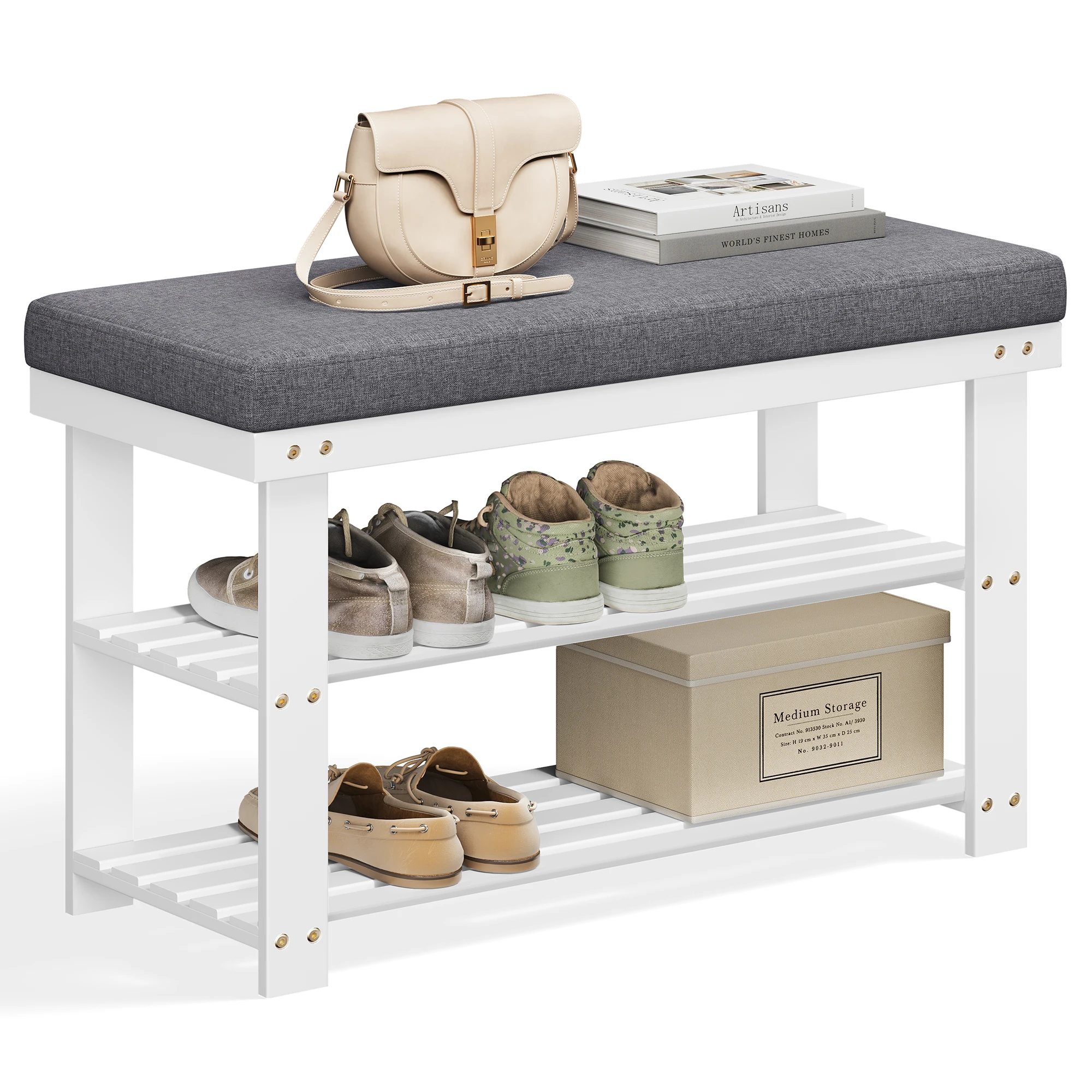SONGMICS 3-Tier Bamboo Shoe Rack, Stable Shoe Organizer for Entryway & Living Room, Bench Seat Holds Up to 330 lb 2