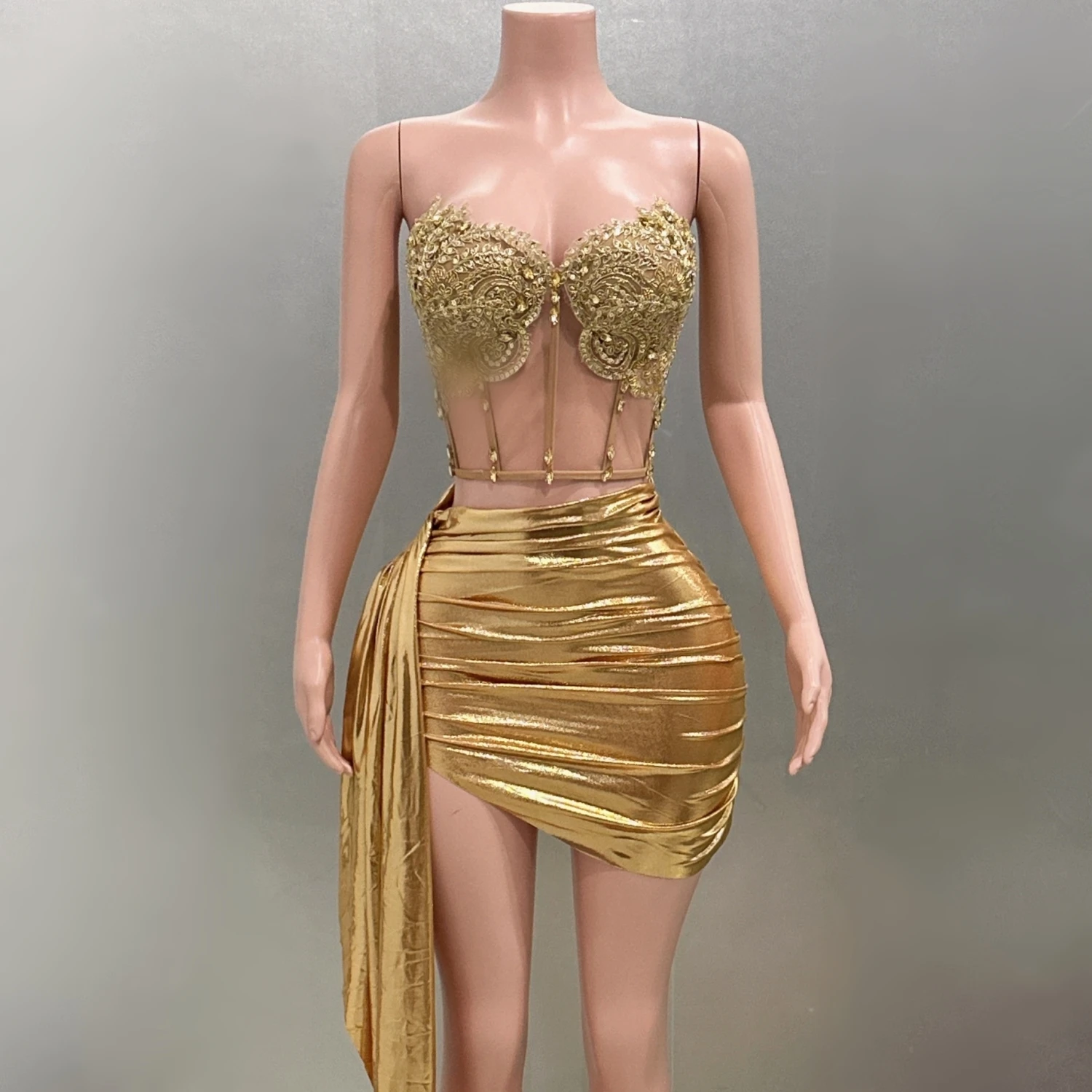 

Stock Golden Color Shinning Sequins Sexy Strapless Bodycon 2 Pieces Dress Fashion Nightclub Party Bar Singer Performance Costume