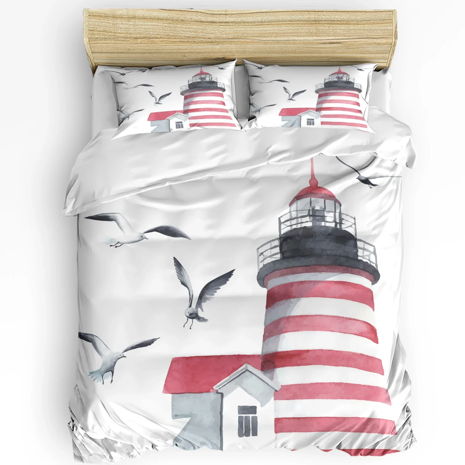 

Lighthouse Seagull Watercolor Art White 3pcs Bedding Set For Bedroom Double Bed Home Textile Duvet Cover Quilt Cover Pillowcase
