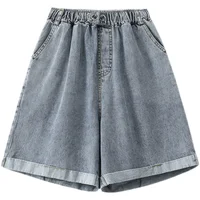 Plus Size Shorts For Women 2024 Summer New Arrivals High Elastic Waist Crimping Wide Leg Loose Streetwear Blue Jeans Shorts - Image 4