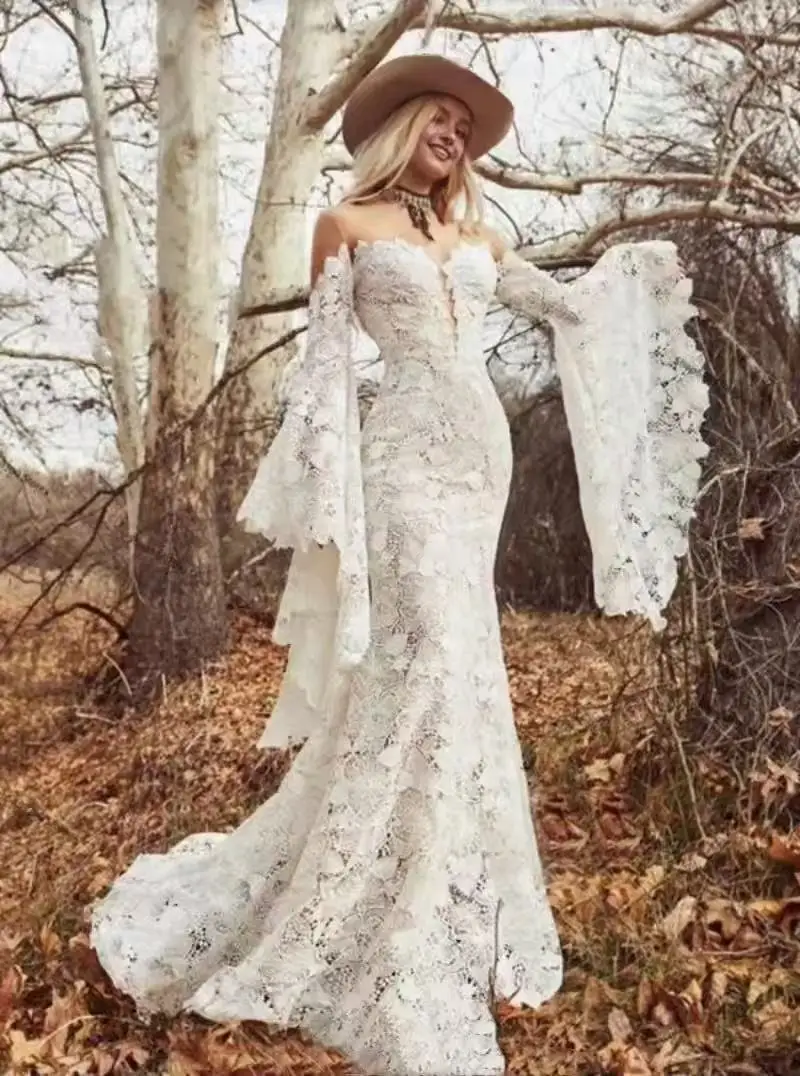 Long Boho Sleeves Wedding Dresses Sheer O-neck Vintage Crochet Bold cotton  Lace Bohemian Hippie Country Bride Gowns Customized - AliExpress 320