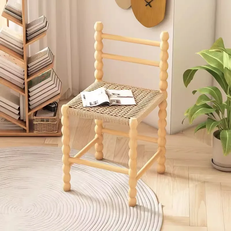 Solid Wood Retro Dining Chair Rope Woven Backrest Designer's Creative Living Room Home Shoe Changing Stool Chairs For Kitchen