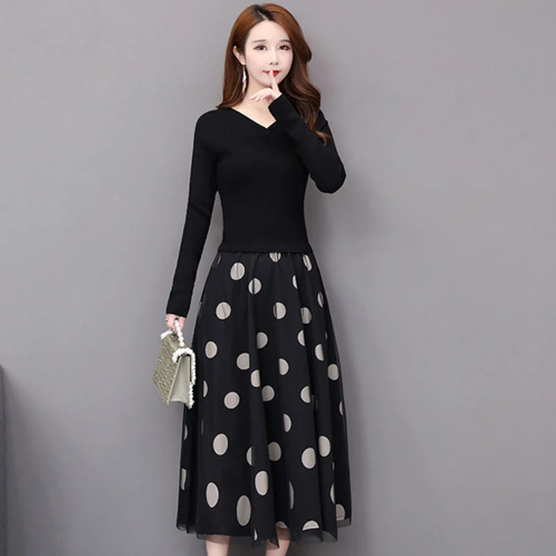 

Knitted Dress Women Autumn and Winter 2023 Polka Dot Fake Two Piece Long Sleeve V-Neck Mesh Sweater Bottom Dress Female Tops