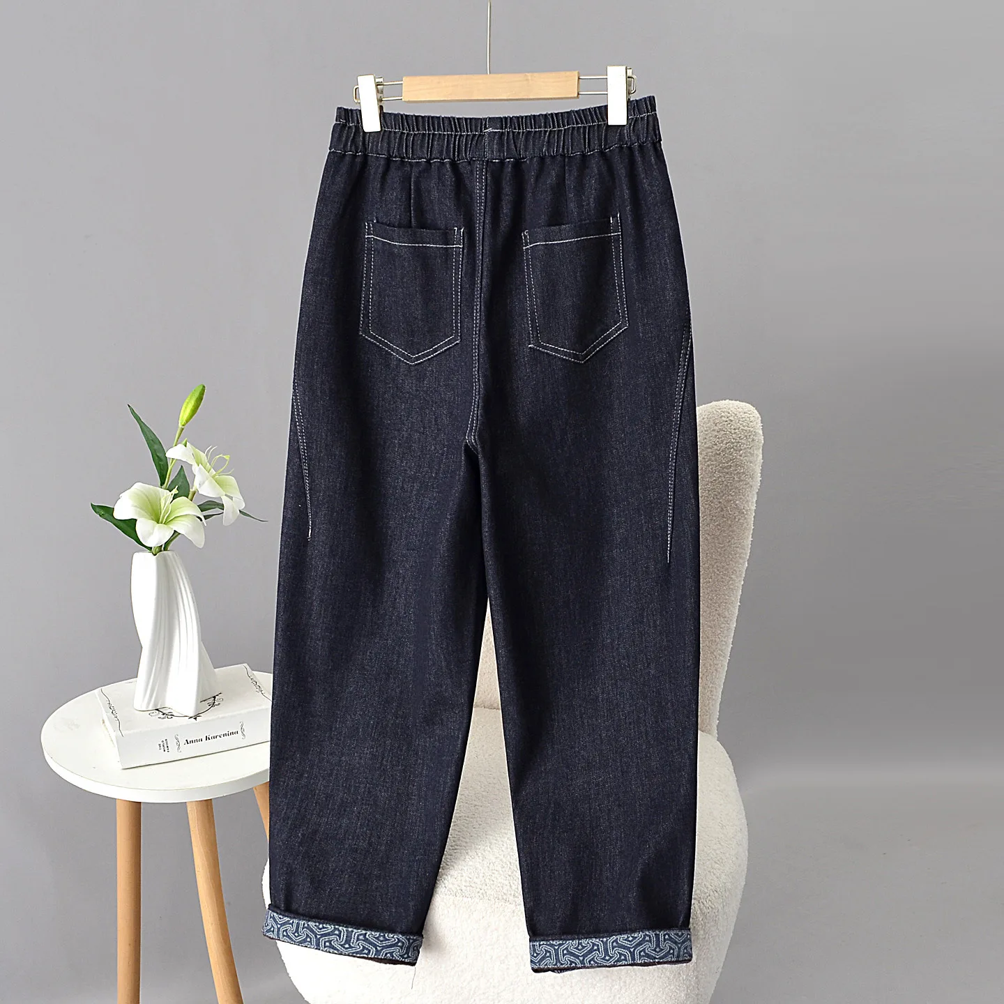 XXXL Fashion Plus Size Women's Jeans Winter New Style Casual Warm Fleece And Thickened Denim Ankle-Length Harem Pants 5395