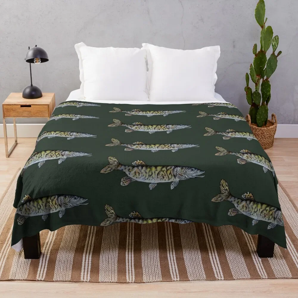 

Musky Fish Drawing Dark Green Throw Blanket Hair Blanket Vintage Blanket