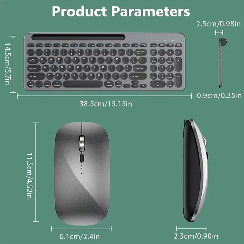 Bluetooth 무선 충전식 키보드 마우스 콤보, Windows Mac PC 노트북용 전화 홀더가 있는 인체공학적 자동 디자인