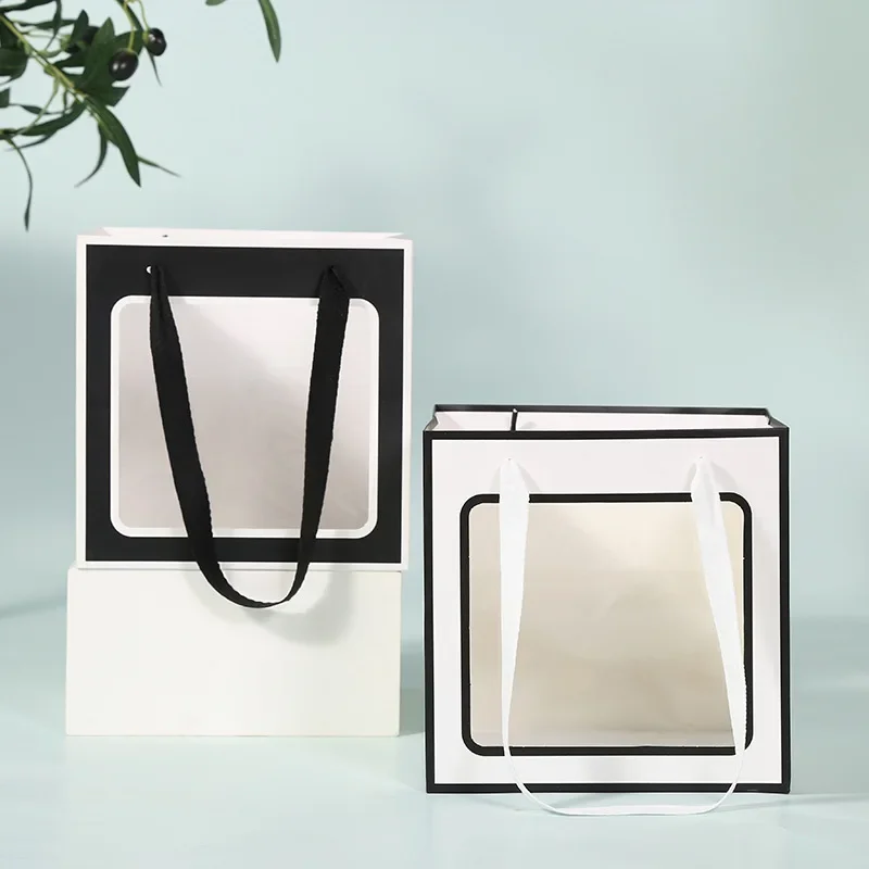 

12PCS Large Size Transparent Window Square Bag Kraft Paper Gift Handbag Cake Flower Packing Bags Birthday Box Pouch with Ribbon