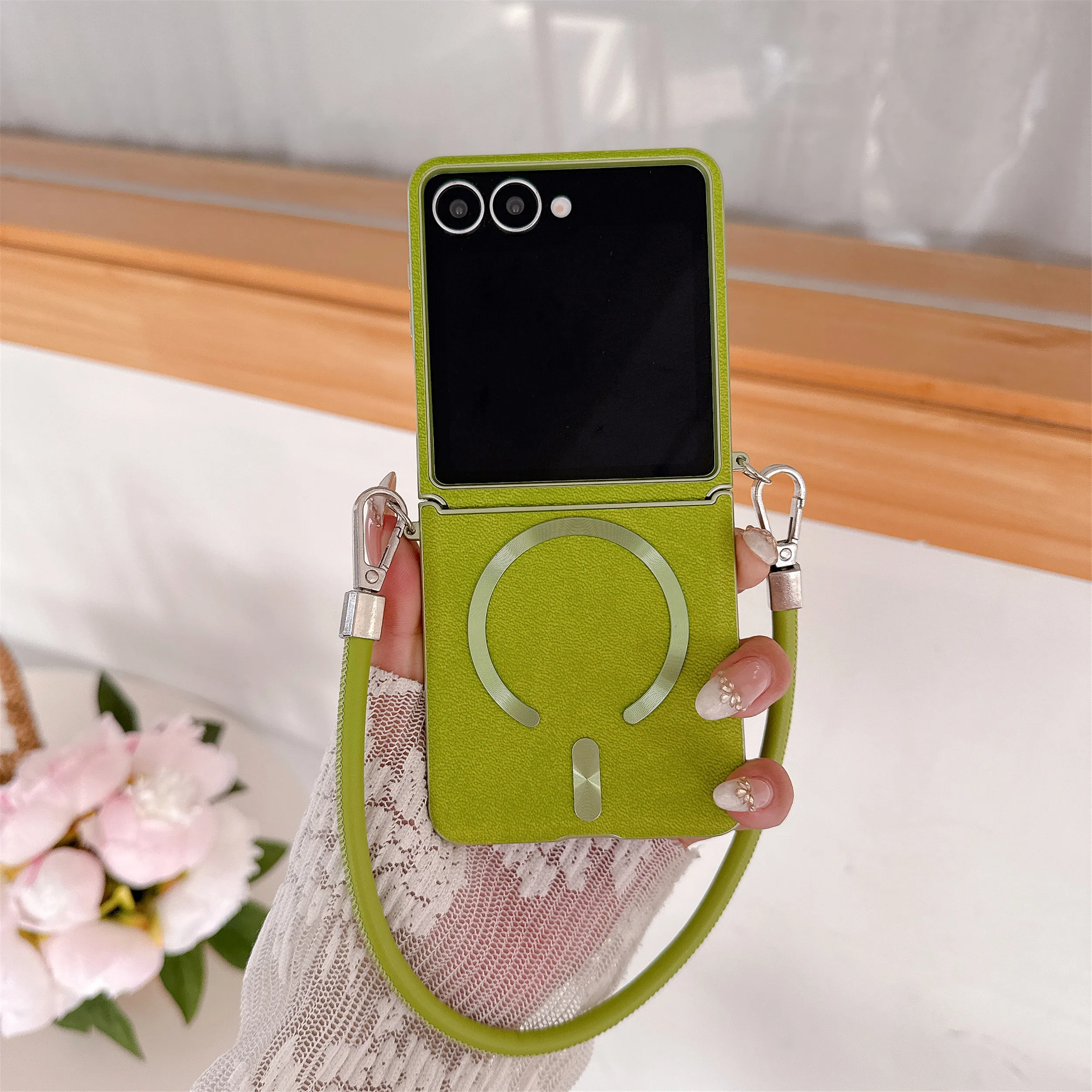 Enhanced Leather Magnetic Cover with Wristband and Lanyard for Seamless Wireless Charging