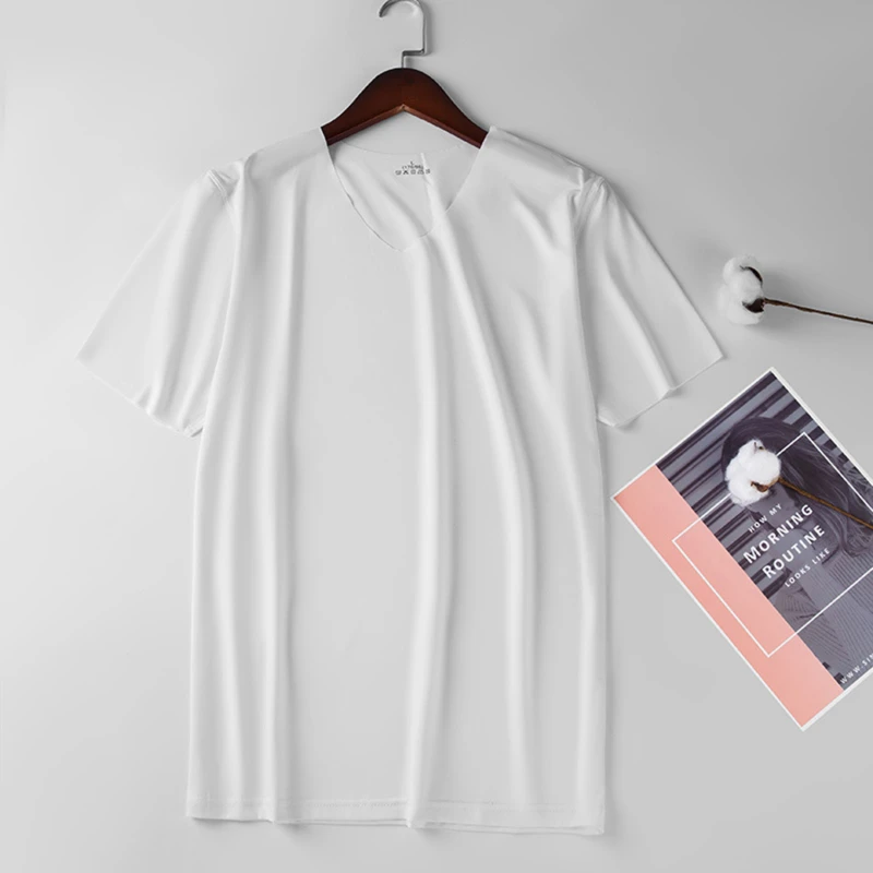 2025 Men's Thin Short Sleeve Ice Silk Without Summer Solid Color T shirt Trace Slim V-neck Bottoming Seamless short sleeve 4