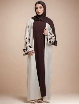 Apricot Color Muslim Abaya Boasting Exquisite Floral Cuff Embroidery Blending Timeless Elegance and Fashion for Ramadan Islamic