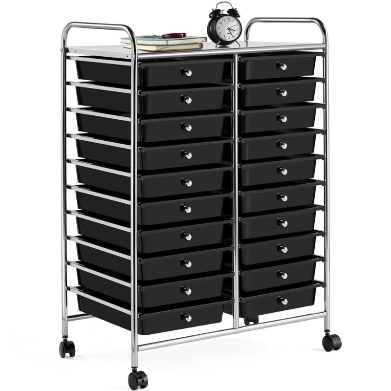 

20 Drawers Metal Frame Storage Cart Rolling Bin Organizer Trolley with Lockable Wheels, Black