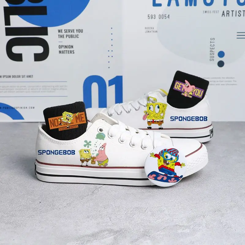 SpongeBob SquarePants white black Low Top Canvas For Men And Women Small White Summer Couple Breathable Board Shoes 2
