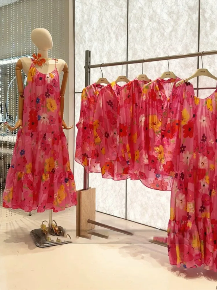 

Seaside Holiday Women's Early Spring Tea Break French Pink Shirt Outfit Floral Strap Dress