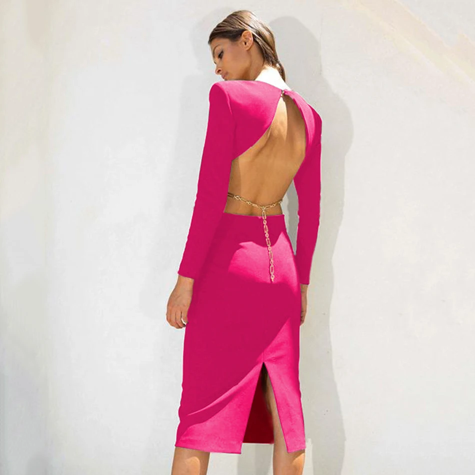 

New Summer Black Rose Red O-Neck Long Sleeve Backless Knee-Length Chain Bodycon Bandage Cut Out Club Party 2023 Vestido Dress