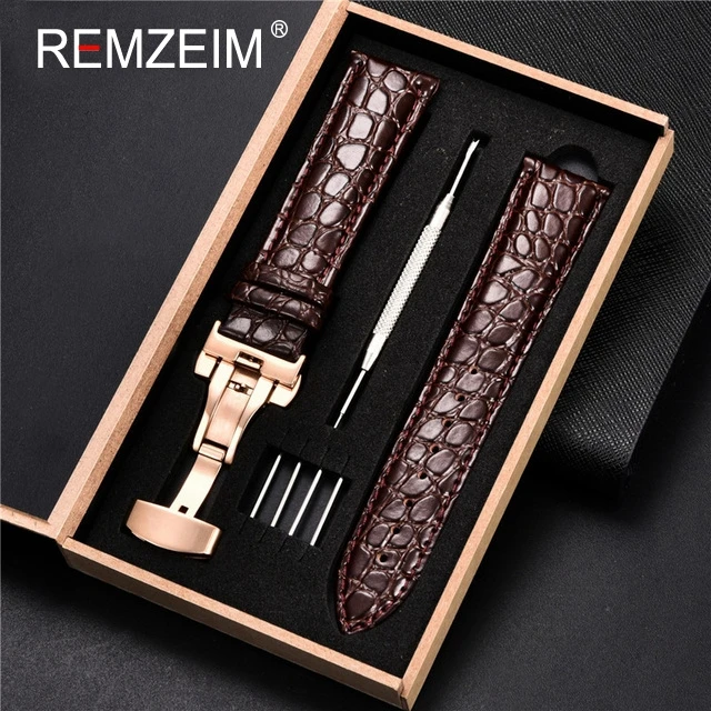 Luxury Embossed Leather Watch Strap with Butterfly Clasp