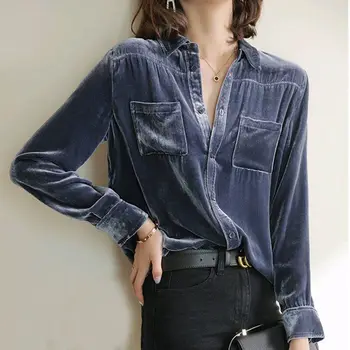 오피스 레이디 단색 폴로 넥 버튼 블라우스, 한국 올매치 포켓 스플라이스, 골든 벨벳 시크 셔츠, 가을 겨울