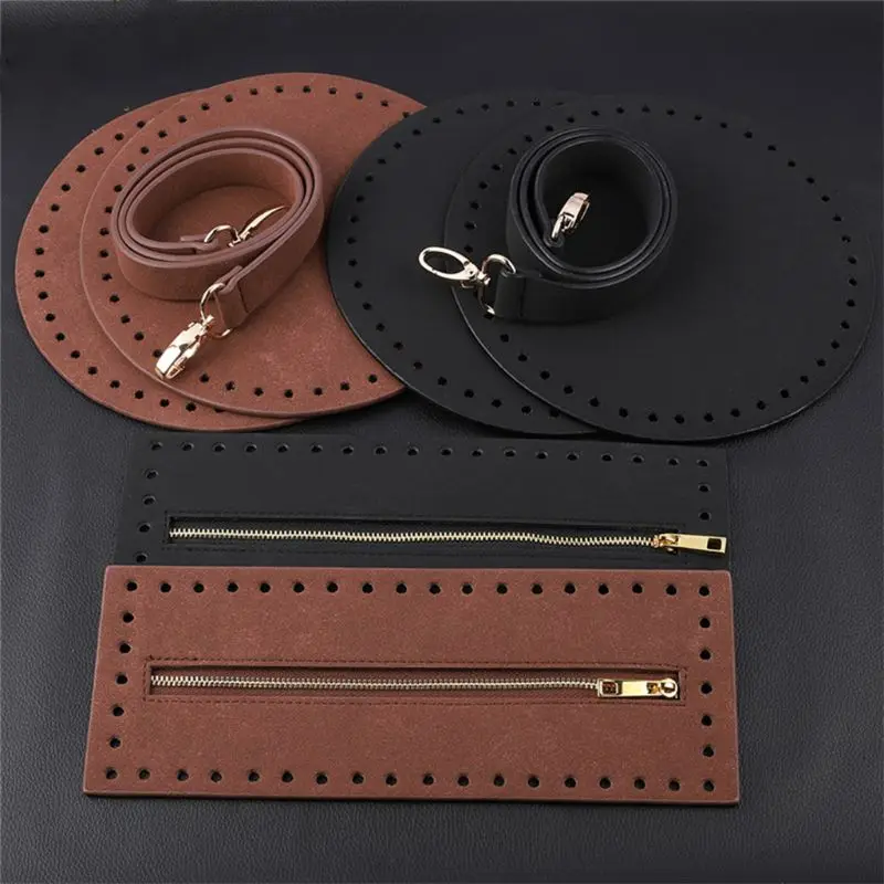 4Pcs/Set Bag Bottom Base Round Faux Leather Strap Zipper for DIY Crochet Handbag