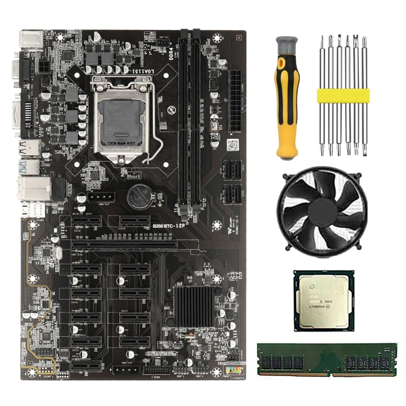 B250 BTC Mining Motherboard With G3900 CPU+8G DDR4 RAM+Fan+Screwdriver 12 PCIE Graphics Slot LGA1151 DDR4 DIMM SATA3.0 best computer motherboard for gaming