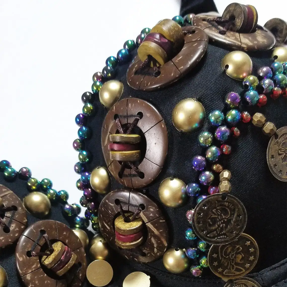 빈티지 집시 브래지어 부족 밸리 댄스 푸시 업 브래지어 나무 구슬 탑 장식 및 청록색 메달