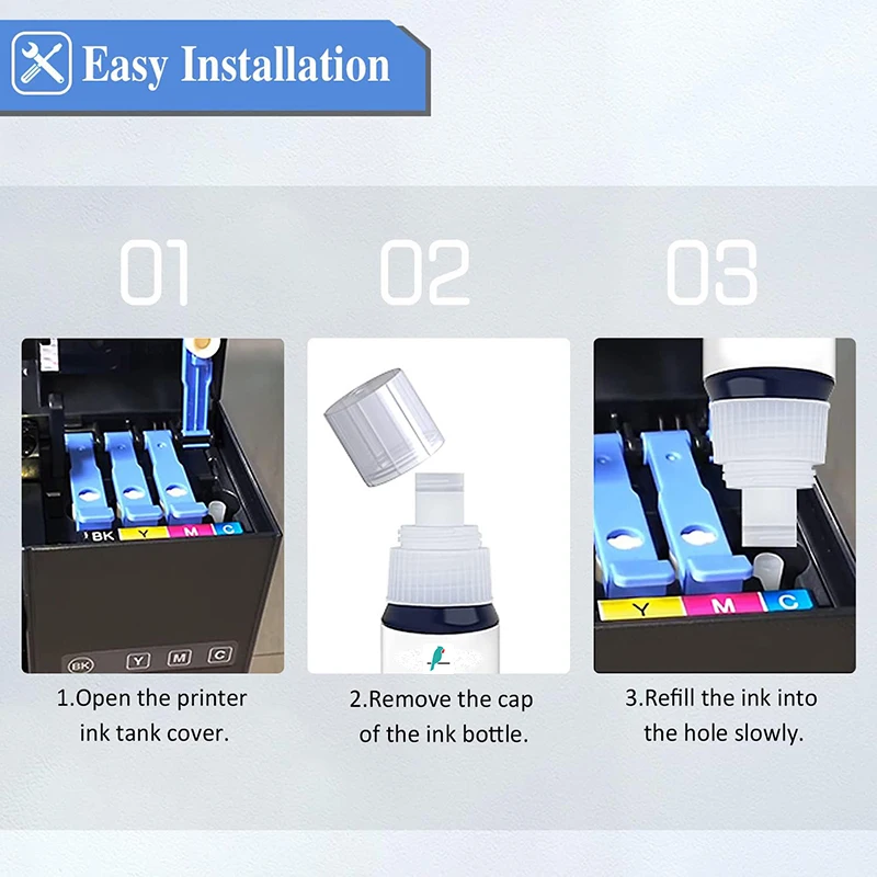 Compatible Epson 101 102 103 104 502 544 001 003 Refill Ink Bottles EcoTank L4150 4160 6160 6170 6190 14150 3110 1311 3150 3160 dye ink kit,ink refill kit,dye ink refill,inkjet printer ink,ink cartridge refill kit,ink refill,printer cleaner
