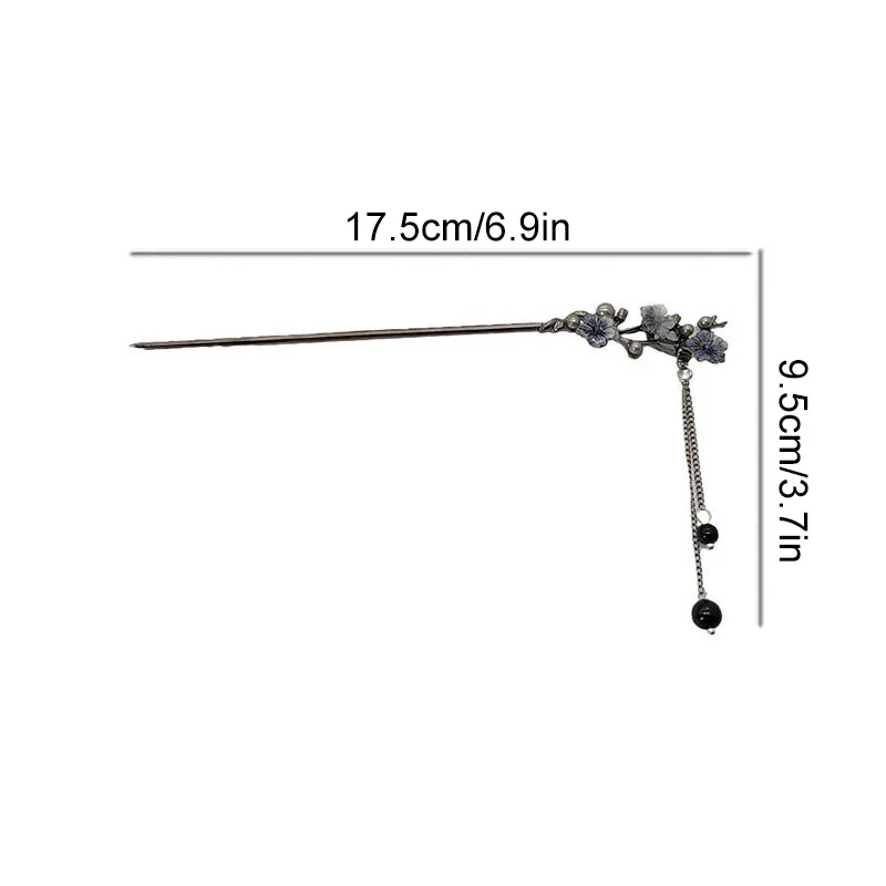 Chinese Style Ink Flower Tassel Hairpin Forks For Women Black Beads Vintage Metal Chopstick Hair Sticks Hanfu Hair Accessories