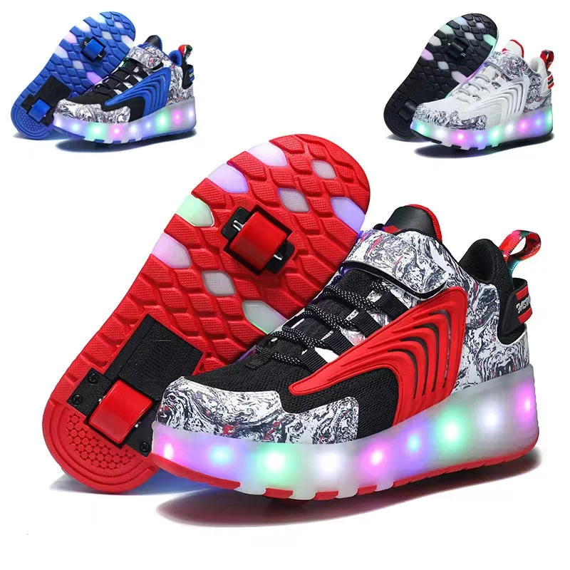 

Charging Roller Skates for Boys Girls, 3 Colors, Super Light, Detachable, 2 Wheels, Laces, Switch, LED Flash, Sneakers for Adult