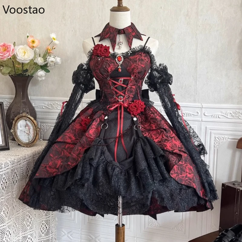 Victorian Elegant Lolita Dress Set Women Gothic Rose Flower Bandage Halloween Party Dress With Black Lace Sleeve Princess