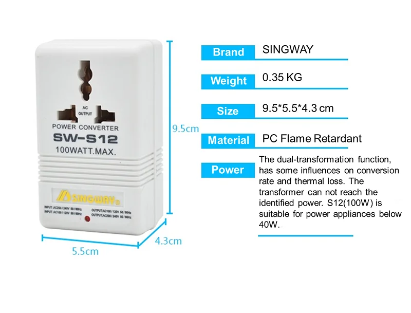 SW-S12 100W 전압 변압기, 220V-110V, 110V-220V, 양방향 전력 변환기, 여행용 어댑터, 전동 칫솔 면도기
