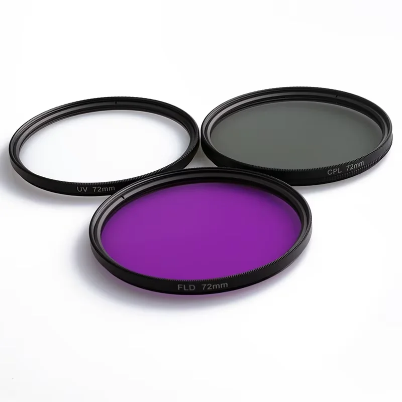 Filtre FLD (fluorescent) fixé sur un objectif, corrigeant la dominante verte sous éclairage fluorescent.