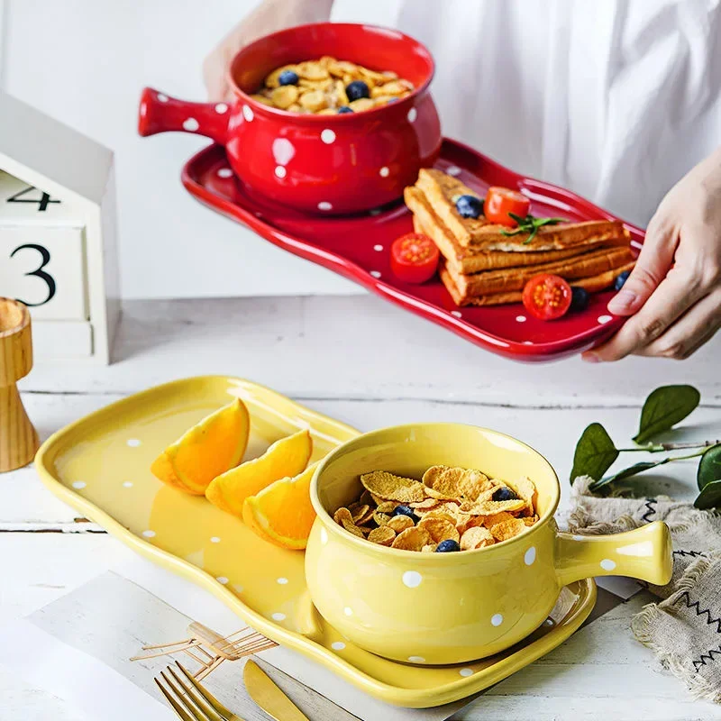 

540ml Polka Dots Ceramic Handle Bowl with Bread Fruit Tray Breakfast Milk Yogurt Cereal Noodle Bowl Tableware Set Microwave