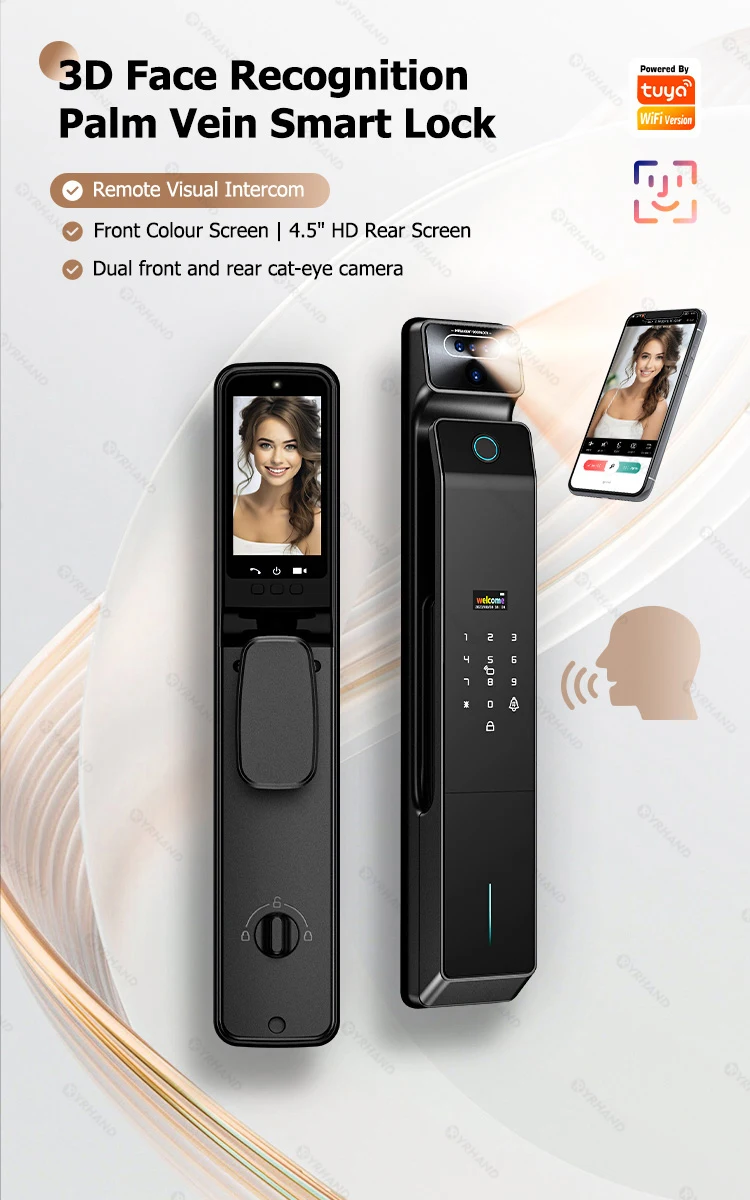 Real Time Intercom Palm Vein Recognition Intelligente Tuya Wifi  3DFace Unlock Outdoor Front Smart Digital Door Lock With Camera