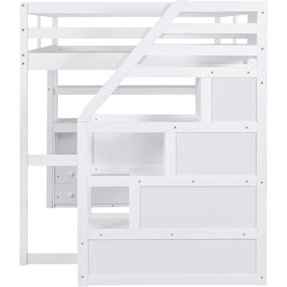 Full-size loft bed frame with stairs and desk, suitable for children, teens and adults - white 6