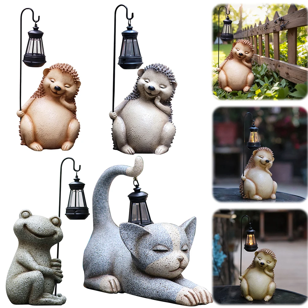 Outdoor Lawn Decor Hedgehog Sculpture with Solar Outdoor Light Garden Art with Solar Lantern Loving Cat Unique Housewarming Gift