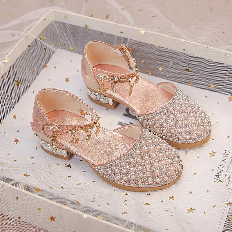 Girls Leather High Heel Wedding Party Shoes with Rhinestone
