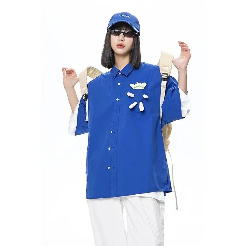 

2022 Summer Men's Fashion Blue/black Color Short Sleeved Lapel Collar Shirts Bear Doll Decorate Loose Shirts Unisex Clothes