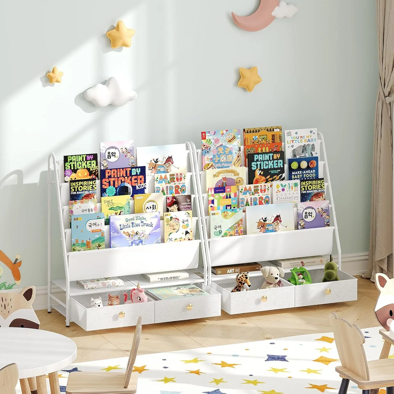 4-Tier Toddler Bookshelf with 2 Fabric Drawers, Metal Kids Bookshelf and Toy Storage,for Kids Room,Living Room,Study Room, White 3