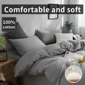 Parure de lit 100% coton 3 pièces, housse de couette, respirante et respectueuse de la peau, 2 taies d'oreiller, Double, simple, Double taille, couleur unie 1