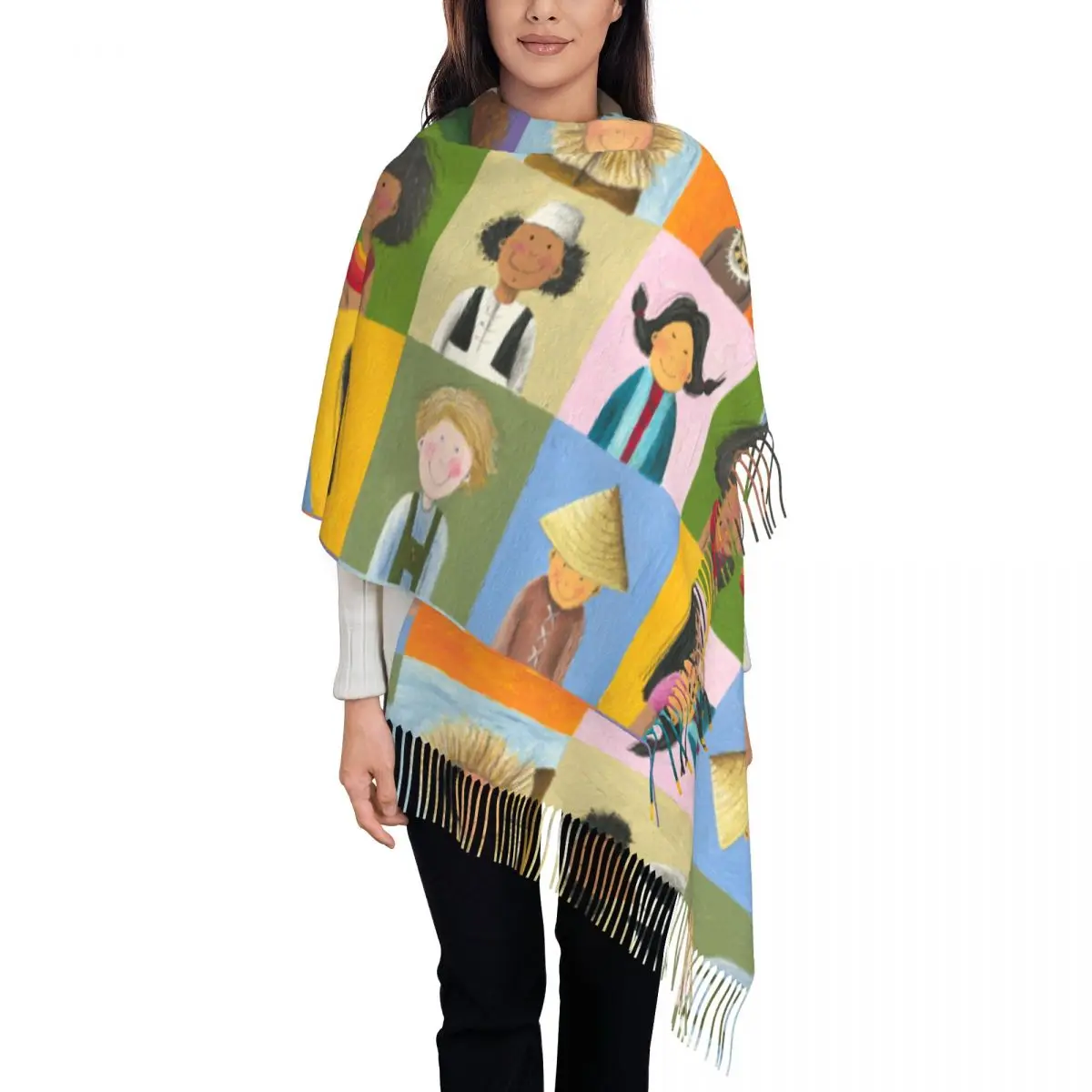 

Cute Girl Scarf Oil Painting Warm Shawls and Wrap with Long Tassel Female Luxury Brand Large Scarves Autumn Custom DIY Foulard