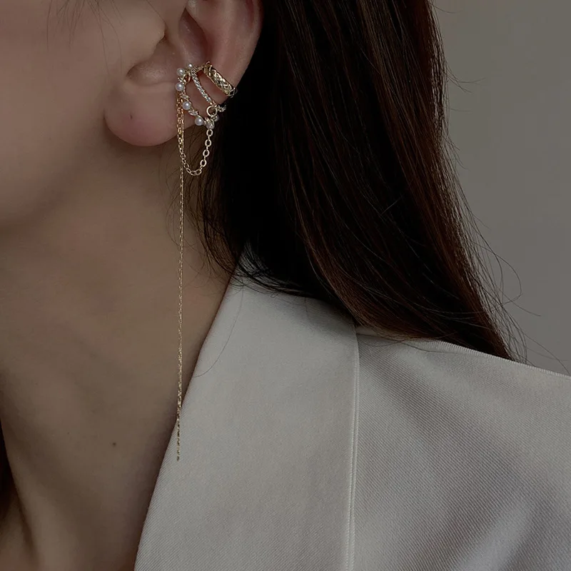 Crystal French Imitation Pearl Long Tassel Earrings Without Pierced Ear Cuff For Women Girl Fashion Ear Clip Jewelry Luxury ear clip earrings,clip earrings,ear clip,ear accessories