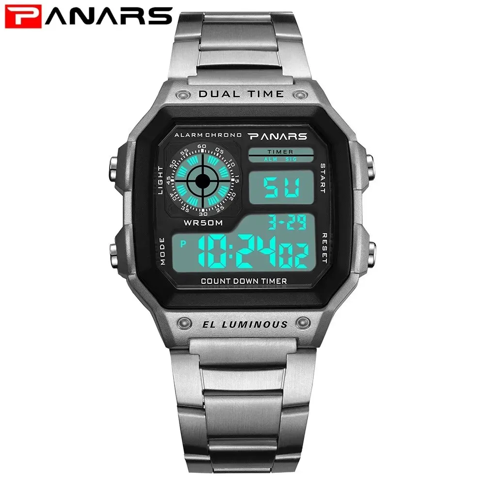 PANARS Top Luxury Stainless Steel Strap Sport Watches Mens Waterproof Back Light Digital Wristwatch Male Alarm 6