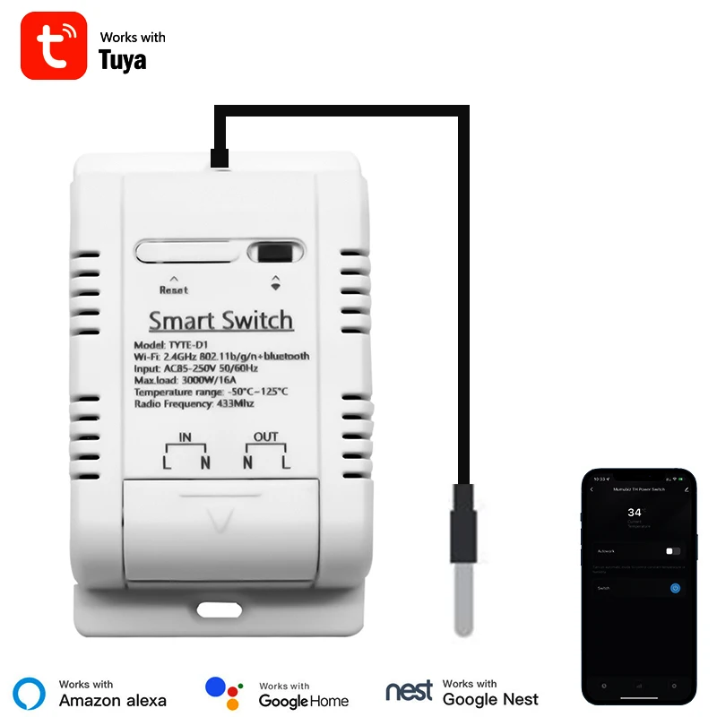 

Tuya Smart Switch 16A 3000W Мониторинг температуры и влажности WiFi Switch Беспроводное управление Совместимость с Alexa Google Home