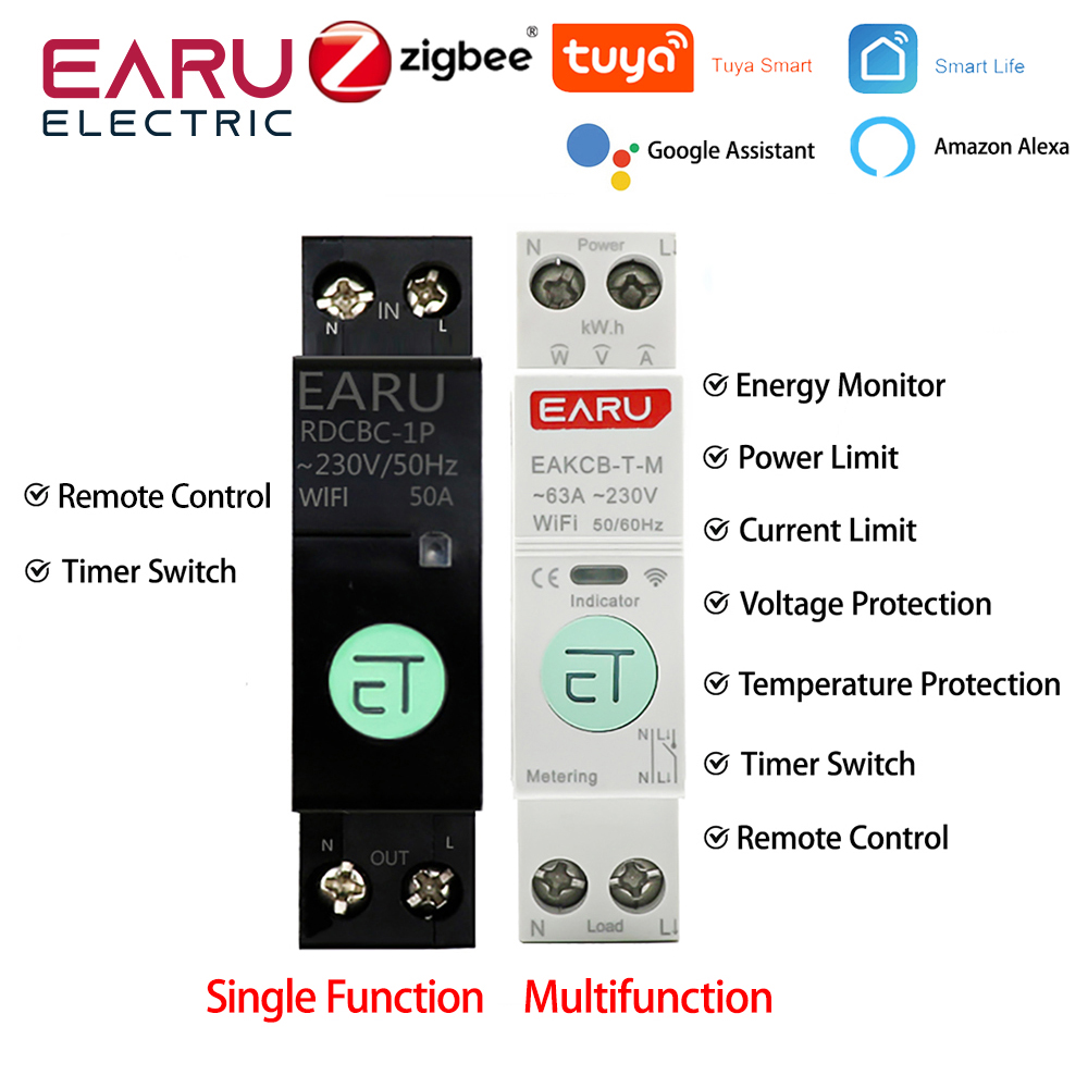 Zigbee TUYA WiFi Smart Circuit Breaker Over Current Under Voltage Protection Power Metering 1-63A Wireless Remote Control Switch