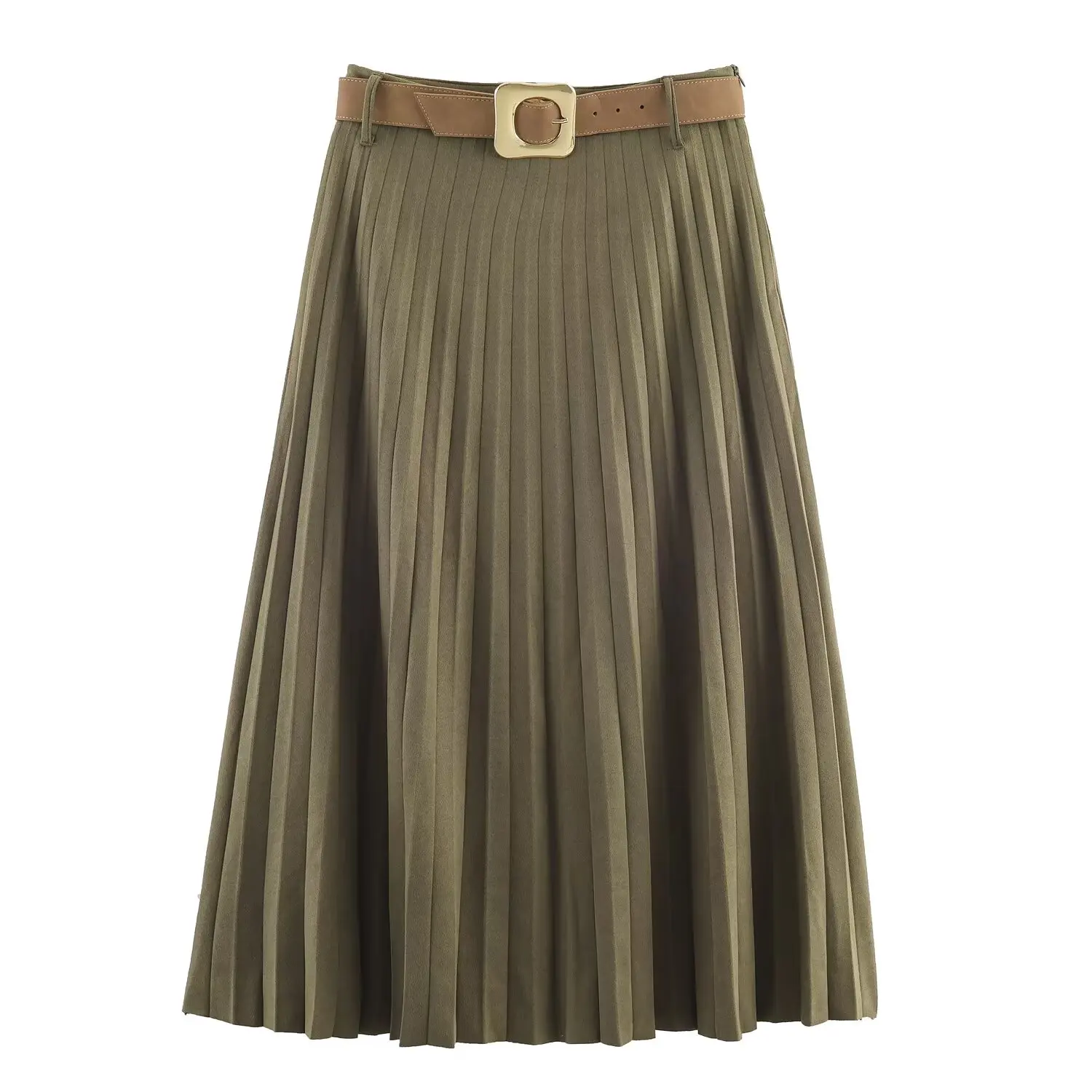 Women's Autumn New Long Skirt Temperament Elegant With Belt Midi Long Skirts Female Solid Pleated Skirt Sagging Sense Streetwear