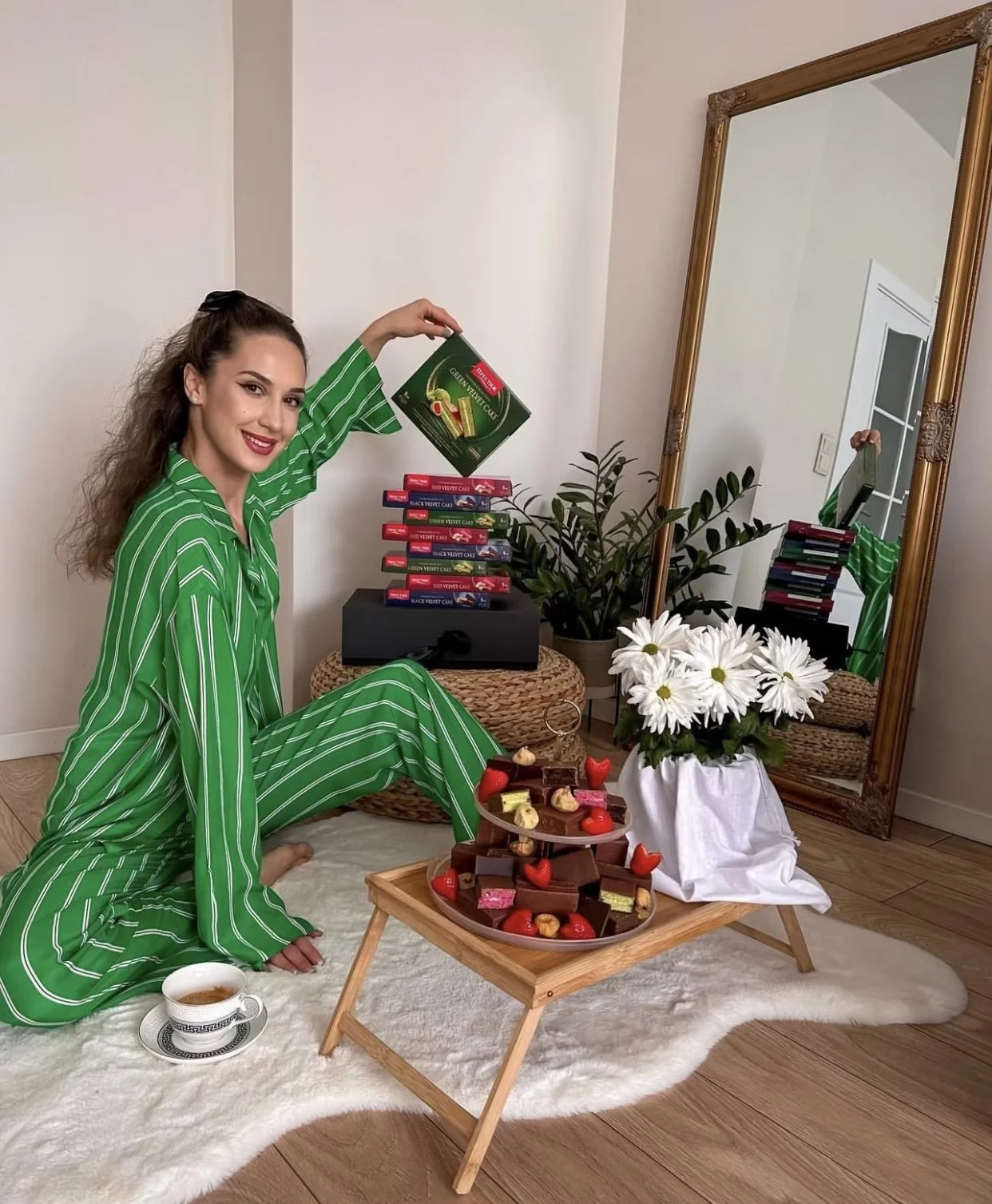 Fashion Green Stripe Women Pajamas Set Loose Female Casual Long Sleeve Shirts+High Waist Wide Leg Pants Sleepwear 2 Pieces Set