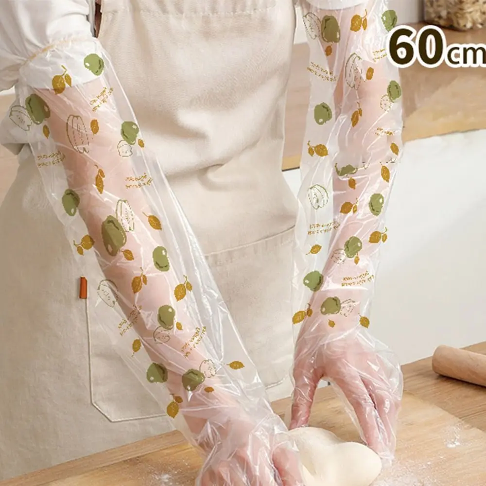 10Pcs CPE Disposable Gloves Extra Long Print Cleaning Long Gloves Kitchen Cleaning Tool Non-Slip Extended Housework