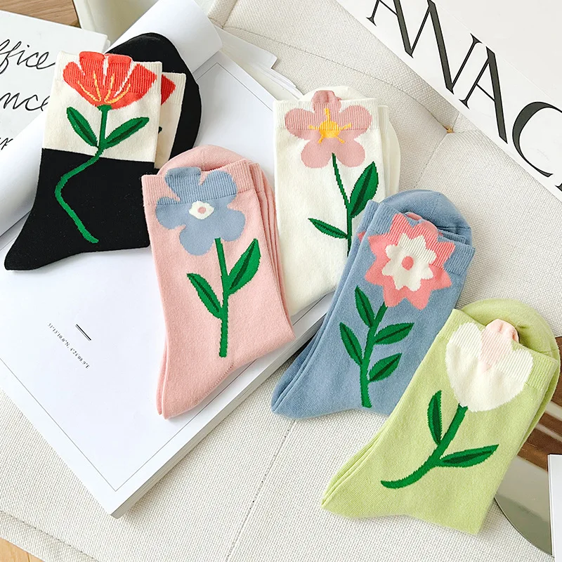 

Hot Sale Girl Women Socks Japanese Korean Style Cartoon Flower Candy Color Harajuku Mid Tube Socks Breathable Casual Short Socks