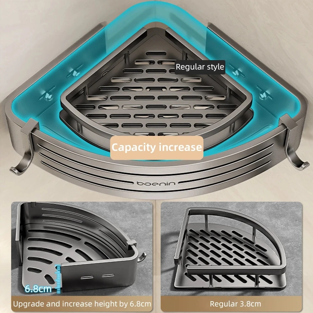 Wall Mounted Bathroom Shelves Shower Corner Shelf with Towel Bar Hook Space Aluminum Shampoo Holder Kitchen Organizer Rack 4