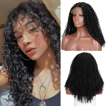 Synthetic Long Wave Wigs For Black Women Malaysian Hand woven lace Curly Human Hair Wigs With Bangs Full Machine Made Wigs